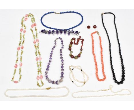 Necklaces including&nbsp;amethyst, pearl, sodalite and quartz, peridot and pearl examples and pearl bracelets