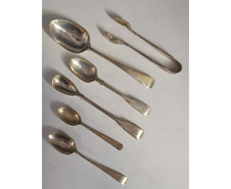 Georgian and later hallmarked silver cutlery including Queen's pattern sugar tongs and a Fiddle pattern long condiment spoon,