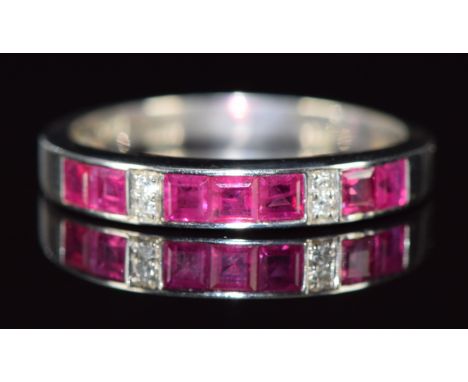 A 9ct white gold ring set with synthetic square cut rubies and diamonds, 3.4g, size T
