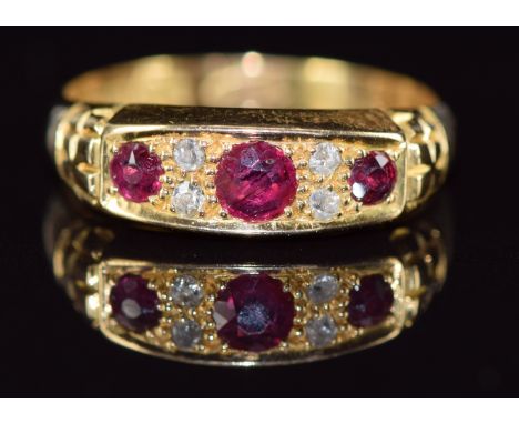 Edwardian 18ct gold ring set with rubies and diamonds, Birmingham 1908, 3.4g, size O&nbsp;