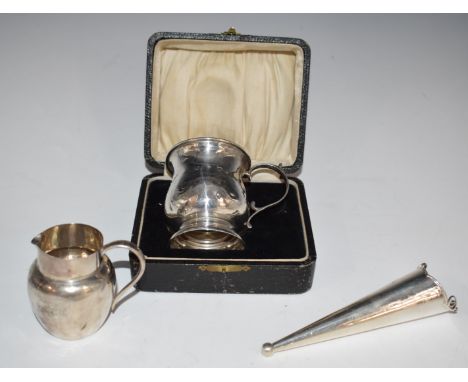 Cased hallmarked silver christening mug, height 7cm, hallmarked silver jug and a hallmarked silver posy vase, weight of all t