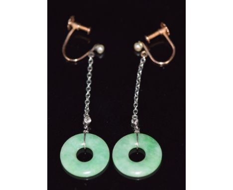 A pair of Art Deco 9ct gold earrings set with a seed pearl, old cut diamond and jade bi-disc to each, 1.9g, 4cm