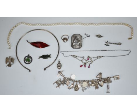 David Andersen Norwegian silver leaf brooch set with red enamel, pearl necklace, silver charm bracelet, silver continental ne