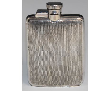 Art Deco hallmarked silver hip flask with engine turned decoration and captive bayonet cap, Birmingham 1939, maker&nbsp;Willi