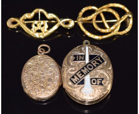 Victorian mourning locket set with enamel reading 'In Memory of', Victorian ivy-decorated locket, 9ct gold brooch (1.2g) and 
