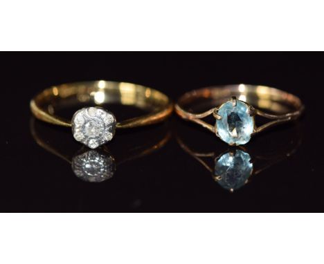 An 18ct gold ring set with diamonds in a platinum setting (1.5g, size M) and a 9ct gold ring set with paste, 0.8g, size L