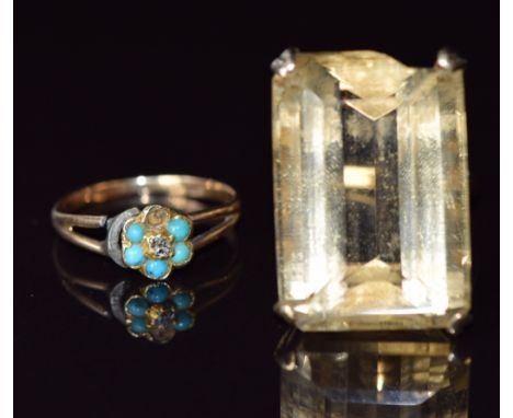 Two 9ct gold rings, one set with a citrine (14.4g, size O) and the other a diamond and turquoise, 1.4g, size J/K