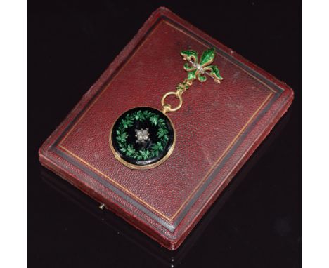 Aubert &amp; Klaftenberger 18ct gold pocket watch set with&nbsp;black and green enamel in a foliate design with&nbsp;old cut 