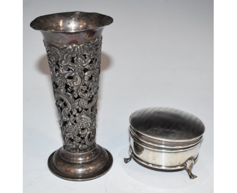 Hallmarked silver dressing table pot with engraved decoration, diameter 7cm, together with a hallmarked silver vase holder, h