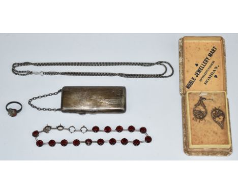 A silver cigarette case, filigree earrings, silver signet ring, necklace and white metal necklace&nbsp;