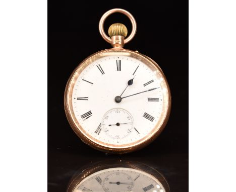 Norville of Gloucester 9ct gold keyless winding open faced pocket watch with subsidiary seconds dial, blued hands, black Roma