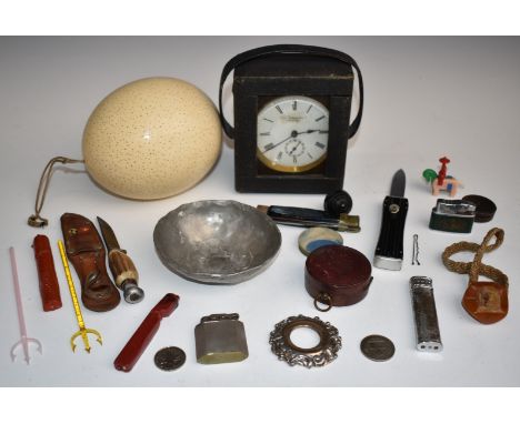 Collectables including ostrich egg, pocket barometer in case, Primavesi Bournemouth cased travelling clock and wax seals