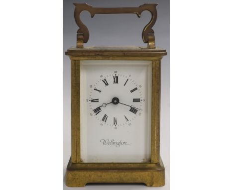 Wellington English brass cased&nbsp;carriage clock with enamelled dial, Breguet style hands and&nbsp;bevelled glass, height i