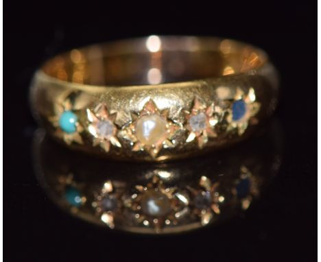 An 18ct gold ring set with seed pearl, diamonds and a turquoise, Birmingham 1891, 2.3g, size N/O