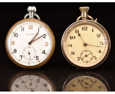 Two keyless winding open faced pocket watches Cyma military with inset subsidiary seconds dial, luminous hands, Arabic numera