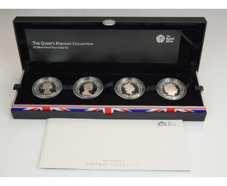 Royal Mint Queen's Portrait Collection of four £5 silver proof coins