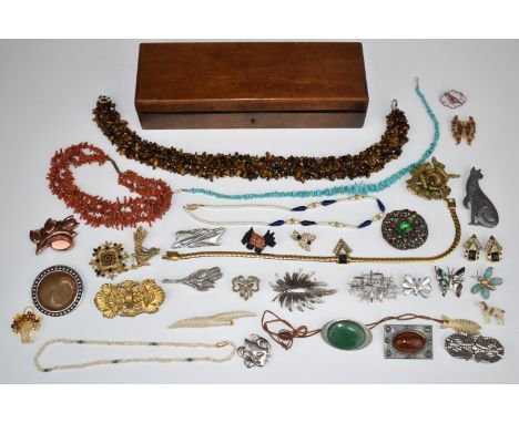 A collection of jewellery, necklaces including pearl, turquoise, coral, and tiger's eye, brooches including&nbsp;enamel and v