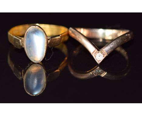 Victorian ring set with a moonstone cabochon and a 9ct gold wishbone shaped ring set with a cubic zirconia, 3.9g, size K/L&nb
