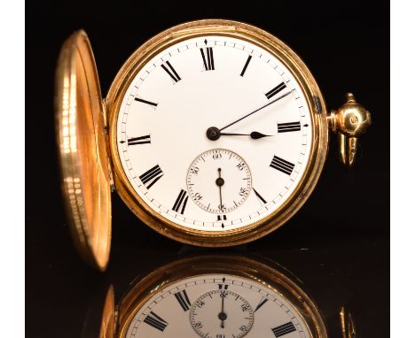 Unnamed 18ct gold full hunter pocket watch with subsidiary seconds dial, blued hands, black Roman numerals, white enamel dial