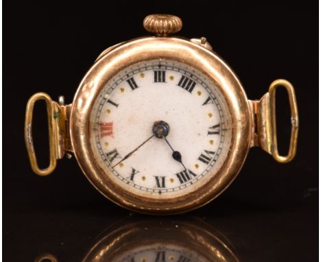 Unnamed 9ct gold ladies wristwatch with blued hands, Roman numerals and white enamel dial, case diameter 26mm.&nbsp;