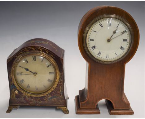 Chinoiserie decorated mantel clock together with an Arts &amp; Crafts Voysey or Charles Rennie Mackintosh inspired oak mantel