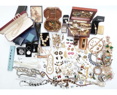 A collection of costume jewellery including&nbsp;Trifari, Napier, Monet,&nbsp;silver and other necklaces, diamanté, faux pear