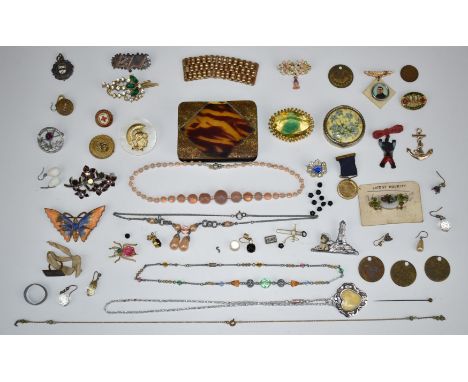 A collection of jewellery including a silver Mizpah brooch, silver ring and Art Deco glass necklaces