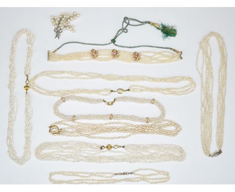 Eight freshwater pearl necklaces and a pearl brooch&nbsp;