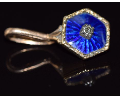 Victorian hexagonal pendant set with blue guilloché enamel and an old cut diamond, 2.9g, 1.2cm