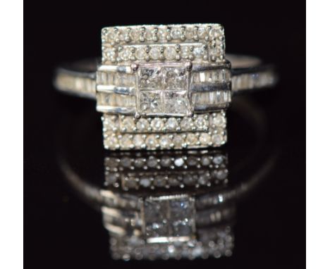 A 9ct white gold ring set with princess cut and round cut diamonds in a square setting, 2.8g, size K
