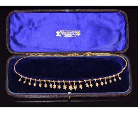 Edwardian&nbsp;9ct gold necklace set with split and seed pearls in star settings, in vintage box, 16.1g, 37cm&nbsp;