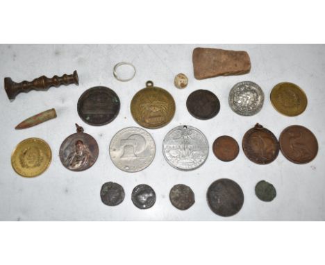 A small quantity of metal detecting finds etc, includes Roman coins, William and Mary halfpenny, Birmingham penny token, ston