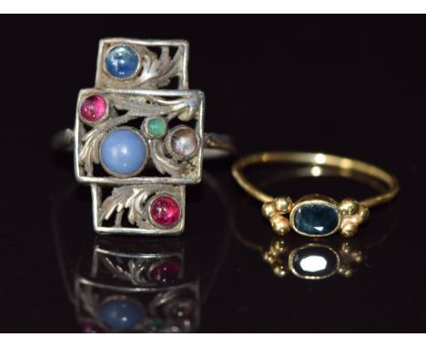 Arts &amp; Crafts silver ring set with a sapphire, rubies, emerald and amethyst (size R) and a 9ct gold ring set with a&nbsp;