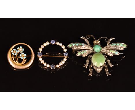 A 9ct gold brooch set with pearls and sapphires, a 9ct gold brooch set with enamel and a pearl (3g) and a silver fly brooch s