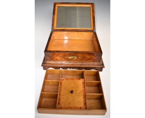 19thC specimen wood workbox, opening to reveal mirror to interior of lid and lift out tray, W31 x D25.5 x H14cm