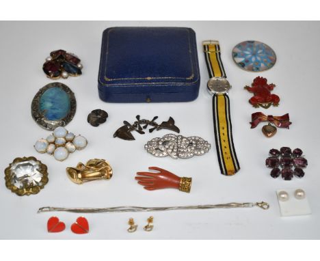 A collection of jewellery including Art Deco, Grosse brooch, 9ct gold compass charm, Bulova watch, silver brooch, silver fish