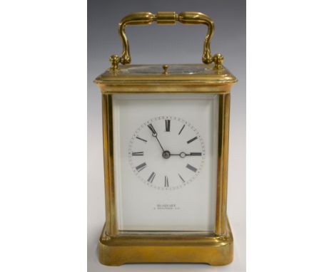 Blaquart of Boulogne brass cased repeater carriage clock with white enamel dial, the movement marked V.R. Brevete Paris, heig