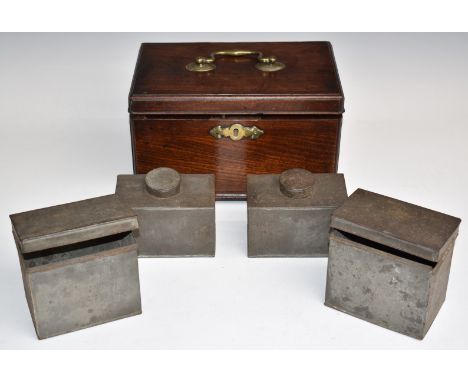 Georgian oak four division tea caddy raised on bracket feet with brass suspension handle, W28 x D18 x H16.5cm