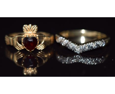 A 9ct gold Claddagh ring set with a heart cut garnet and a 9ct gold ring set with diamonds, 3.8g, sizes H &amp; K