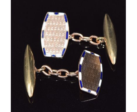 A pair of 9ct gold cufflinks with engine turned decoration and set with blue and white enamel to each, 4.5g&nbsp;