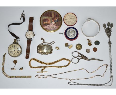 Rolled gold Albert, rolled gold necklace, silver bangle, pocket watch, Junghans watch, etc