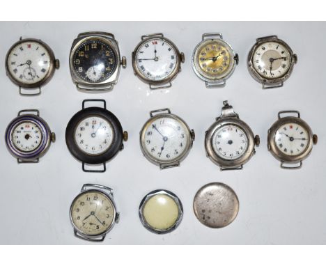 Eleven silver and similar wristwatches including military trench style examples, Services, Medana with blue enamel bezel etc,