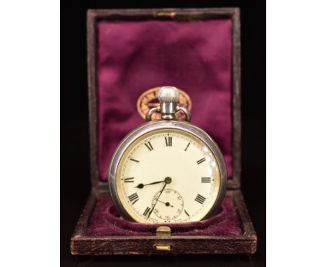 Hallmarked silver keyless winding open faced pocket watch with inset subsidiary seconds dial, blued hands, black Roman numera