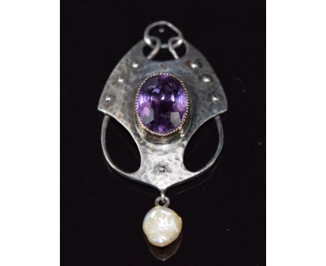 Arts &amp; Crafts hammered silver&nbsp;pendant set with an oval cut amethyst and drop pearl, marked MB for Murrle Bennett, 4.