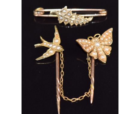 Edwardian 9ct gold seed pearl brooch and two Edwardian stick pins/ cloak pin in the form of a butterfly and swallow set with 