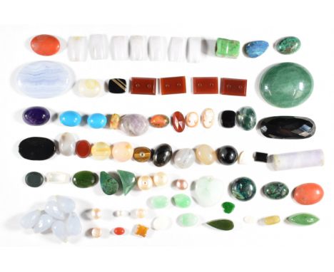 A collection of loose jade, turquoise, coral, lavender jade, agate, etc&nbsp;