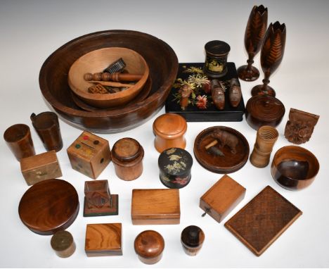 A collection of 18th/19thC treen items including a large elm bowl, turned pots, dishes, olive wood, laburnum, Tunbridge ware,