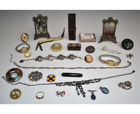 Collectables to include photograph frames, enamel badges including military, costume jewellery, medical or similar folding to