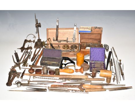 Clock and watch repairers tools to include pin vice type clamp set, collets, pivot or similar tools, drills, square etc
