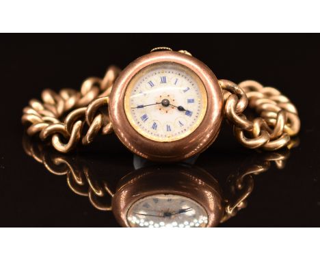 Unnamed yellow metal ladies wristwatch with blued hands and Roman numerals and gilt decorated white enamel dial, on 9ct gold 